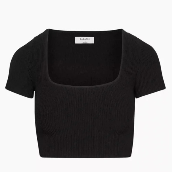 Aritzia Babaton Sculpt Knit Squareneck Short Sleeve Top Black Size Medium - Picture 1 of 6